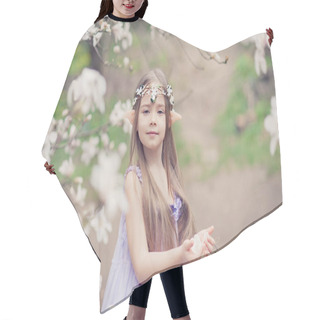 Personality  Girl Wearing Fairy Tale Mystic Elf Cosplay Costume Posing In Blooming Magnolia Garden  Hair Cutting Cape