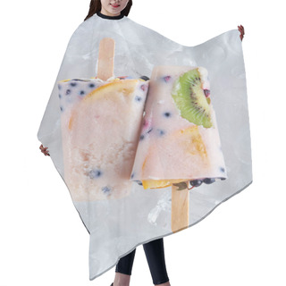 Personality  Top View Of Delicious Homemade Popsicles With Fruits And Berries On Ice Cubes   Hair Cutting Cape