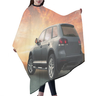 Personality  Crossover SUV In The Hillside With Sunset In The Background. Hair Cutting Cape