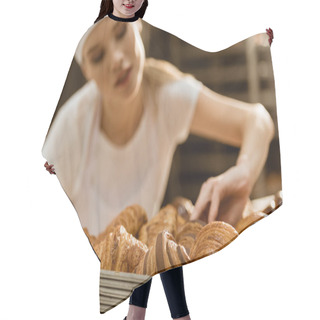 Personality  Close-up Shot Of Young Female Baker Doing Examination Of Freshly Baked Croissants On Baking Manufacture Hair Cutting Cape