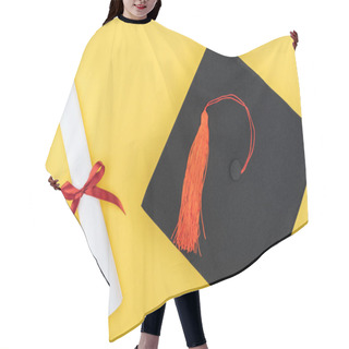 Personality  Top View Of Academic Cap And Diploma With Red Ribbon Isolated On Yellow Hair Cutting Cape