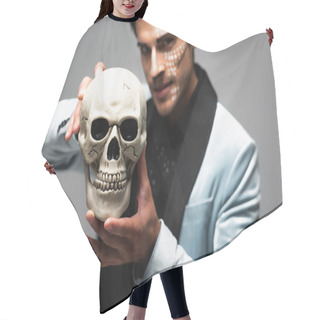 Personality  Blurred Man In Halloween Makeup Showing Scary Skull While Looking At Camera Isolated On Grey Hair Cutting Cape