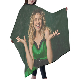 Personality  Joyous Curly Woman In New Year Elf Costume Standing Under Falling Snow On Dark Green Background Hair Cutting Cape