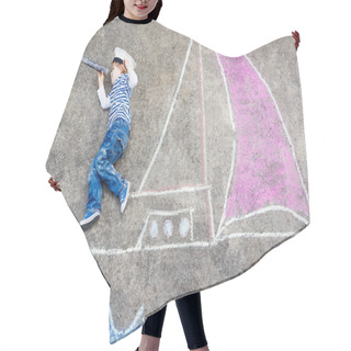 Personality  Little Kid Boy Having Fun With Ship Picture Drawing With Chalk Hair Cutting Cape