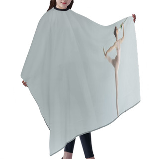 Personality  Full Length Of Elegant Ballerina In Bodysuit Holding Rose And Performing Dance On Grey, Banner Hair Cutting Cape