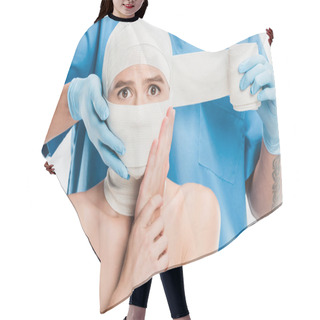 Personality  Close Up Of Plastic Surgeon In Gloves Taping Up Woman Scared Face With Bandage Isolated On White Hair Cutting Cape