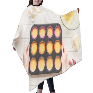 Personality  Cropped View Of Woman Holding Muffin Mold With Liquid Dough On Table With Ingredients Hair Cutting Cape