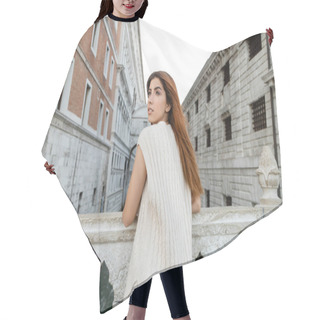 Personality  Redhead Woman In Sleeveless Jumper Standing On Bridge Near Medieval Prison In Venice Hair Cutting Cape