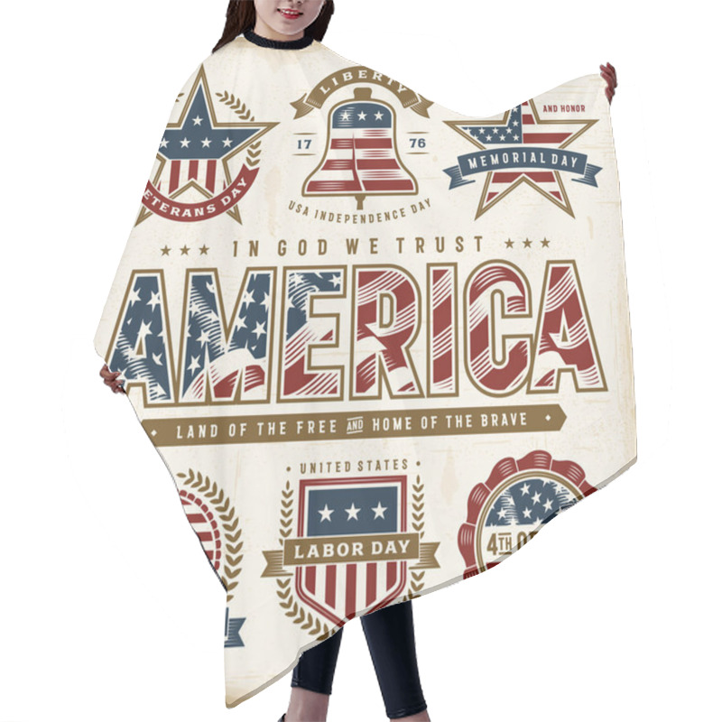 Personality  Vintage USA Patriotic Holidays Labels Set. Editable EPS10 vector illustration in retro woodcut style with transparency. hair cutting cape