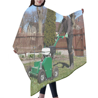 Personality  Man Working With Lawn Aerator Hair Cutting Cape