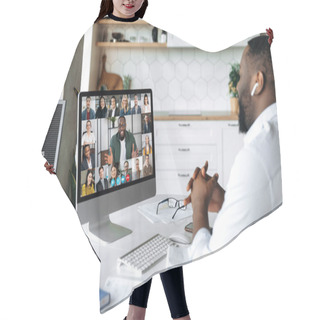 Personality  Video Conference. Online Meeting. Intelligent African American Business Man Sits At Work Desk At Home, Looks At The Computer Screen, Communicates By Video Call With His Partners, Discuss A Strategy Hair Cutting Cape