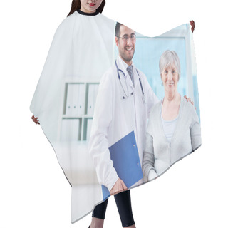 Personality  Doctor With Clipboard And Senior Patient Hair Cutting Cape