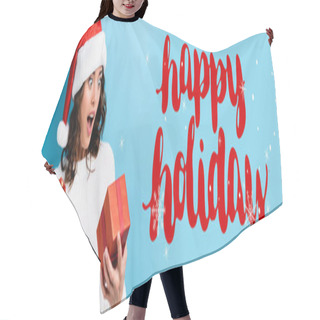 Personality  Young Shocked Woman Looking At Gift Box Near Happy Holidays Lettering On Blue, Banner Hair Cutting Cape