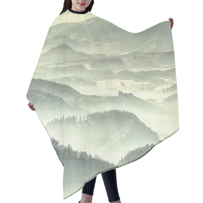 Personality  Misty Hills Ridges. Blue Green Hills With Soft Outlines, Forest, Foggy Clouds In Valleys. Hair Cutting Cape