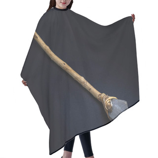 Personality  Replicas Of The Primal Stone Tool With Wooden Handles And Leather Strapping Isolated On Black Background. Primitive Stone Lance Or Axe: Weapon Of The Prehistoric Peoples. Selected Focus. Hair Cutting Cape