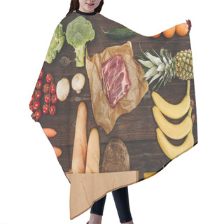 Personality  Top View Of Raw Meat With Vegetables, Fruits And Bread On Wooden Table, Grocery Concept  Hair Cutting Cape