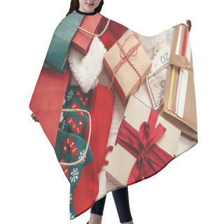 Personality  Black Friday Sale. Credit Cards And Money In Wallet, Paper Bags With Clothes, Stockings, Gift Boxes, Jewelry On White Rustic Background.Christmas Shopping And Seasonal Sale Hair Cutting Cape