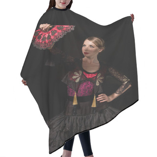 Personality  Pretty Flamenco Dancer Standing With Hand On Hip And Looking At Fan Isolated On Black  Hair Cutting Cape