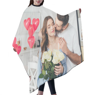 Personality  Happy Girl Holding Roses Bouquet With Closed Eyes While Boyfriend Kissing Cheek And Embracing Girlfriend Hair Cutting Cape