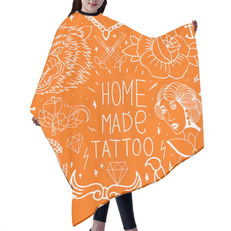 Personality  Tattoo Seamless Pattern With Different Hand Drawn Elements Hair Cutting Cape