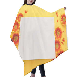 Personality  Top View Of Orange Gerbera Flowers With Petals And White Blank Card On Yellow Background Hair Cutting Cape