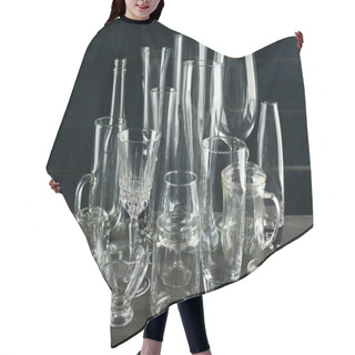 Personality  Different Glassware On Dark Color Wooden Background Hair Cutting Cape