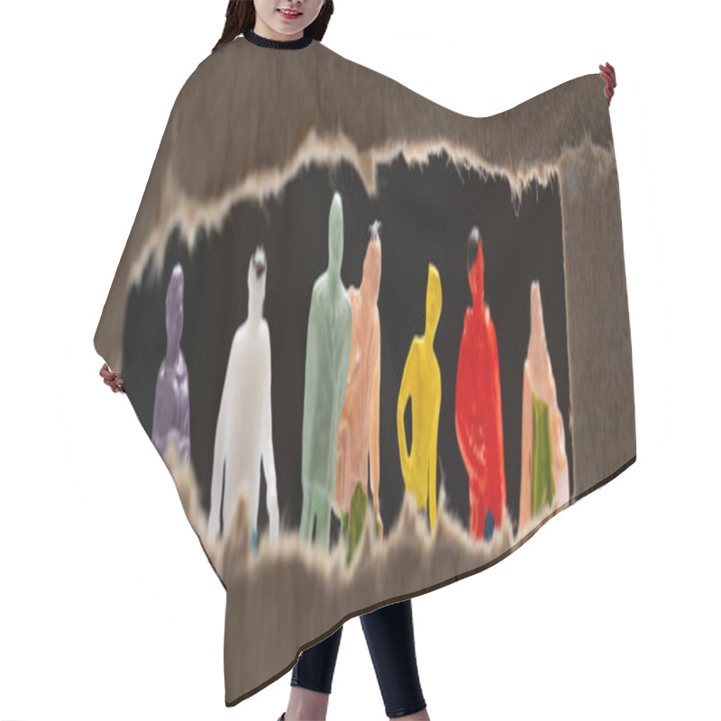 Personality  Panoramic Shot Of Cardboard With Hole And People Figures Isolated On Black, Concept Of Social Equality Hair Cutting Cape