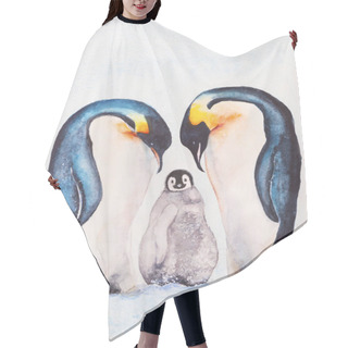Personality  Family Of Emperor Penguins With A Chick. Watercolor Drawing. Hair Cutting Cape