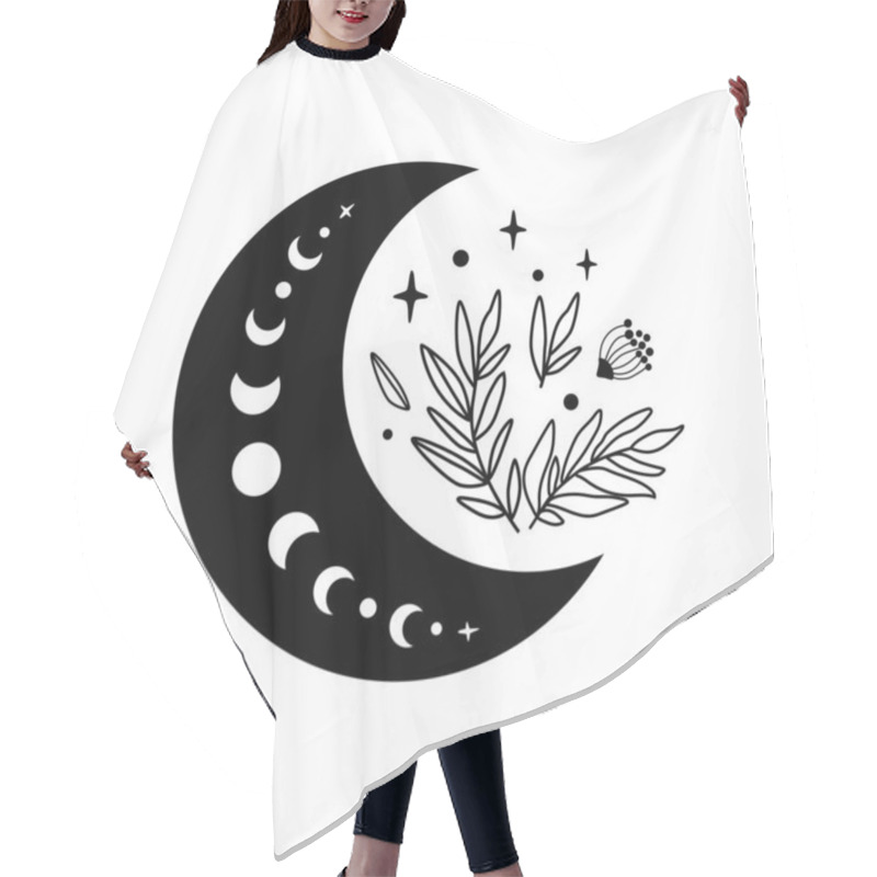 Personality  Floral Moon Logo. Moon Phase Flowers. Black Moon Icon. Celestial Crescent Isolated Vector. Hand Drawing Hair Cutting Cape