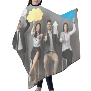 Personality  Multiethnic Business People With Paper Chat Bubbles And Arrow Showing Thumbs Up While Waiting For Job Interview Hair Cutting Cape