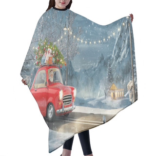 Personality  Santa Claus In Cute Little Retro Car With Decorated Christmas Tree On Top Goes By Wonderful Countryside Road. Unusual Christmas 3d Illustration Hair Cutting Cape