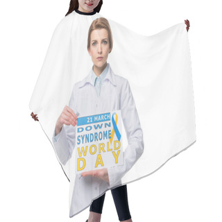 Personality  Young Doctor Holding Paper With Down Syndrome World Day Inscription Isolated On White Hair Cutting Cape