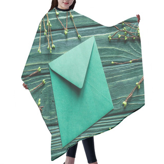 Personality  Top View Of Wooden Green Background With Blossoming Branches And Envelope Hair Cutting Cape
