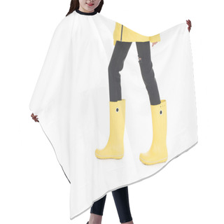 Personality  Partial View Of Woman In Yellow Raincoat And Rain Boots Isolated On White Hair Cutting Cape