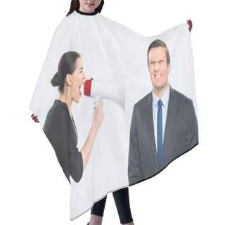 Personality  Businesswoman Screaming At Businessman Hair Cutting Cape