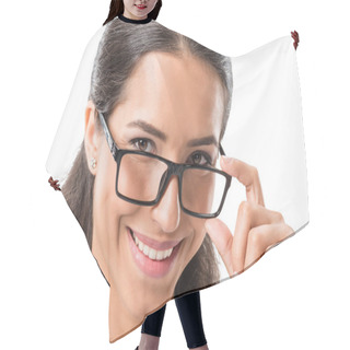 Personality  Smiling Businesswoman In Eyeglasses Hair Cutting Cape