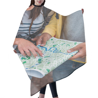 Personality  Cropped View Of Tourists Holding And Pointing With Finger At Map Hair Cutting Cape