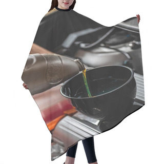 Personality  Partial View Of Mechanic Pouring Motor Oil At Car Engine Hair Cutting Cape