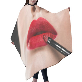 Personality  Cropped View Of Woman Applying Red Lipstick With Cosmetic Brush, Isolated On Grey Hair Cutting Cape