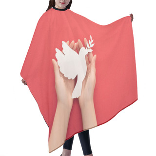 Personality  Cropped View Of Woman Holding White Dove As Symbol Of Peace In Hands On Red Background Hair Cutting Cape