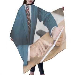 Personality  Businessman In Suit Using Digital Tablet In Office Hair Cutting Cape