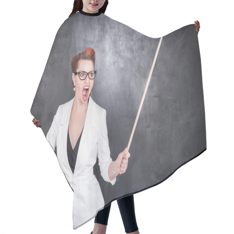 Personality  Angry Screaming Teacher With Pointer On Blackboard Background Hair Cutting Cape