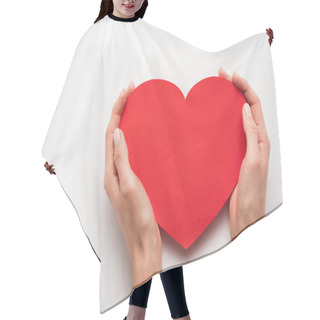 Personality  Cropped View Of Woman Holding Red Heart Shape Paper Cut On White  Hair Cutting Cape