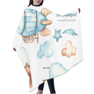 Personality  Airship, Clouds, Mountain, Star. Watercolor Clipart Of Air Transport Hair Cutting Cape