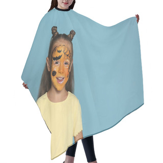Personality  Cute Little Girl With Face Painting On Blue Background. Space For Text Hair Cutting Cape