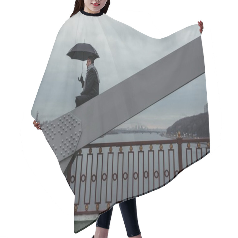 Personality  Lonely Man With Umbrella Sitting On Bridge Construction Hair Cutting Cape