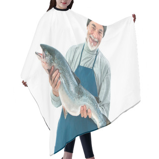 Personality  Fisher Holding A Big Atlantic Salmon Fish Hair Cutting Cape