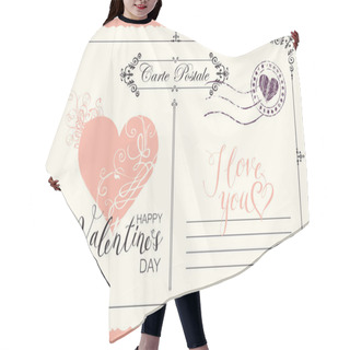 Personality  Retro Valentine Card In Form Of Postcard With Pink Heart And Postmark. Romantic Vector Card In Vintage Style With Place For Text, Calligraphic Inscription I Love You And Words Happy Valentine's Day Hair Cutting Cape