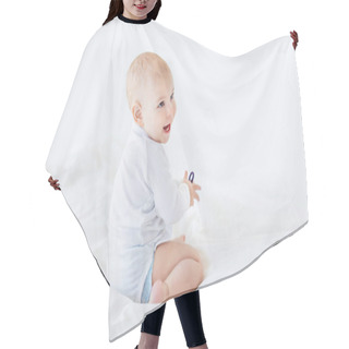 Personality  Baby Boy Sitting On Bed    Hair Cutting Cape