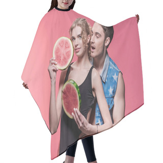 Personality  Woman Holding Watermelon Pieces Hair Cutting Cape